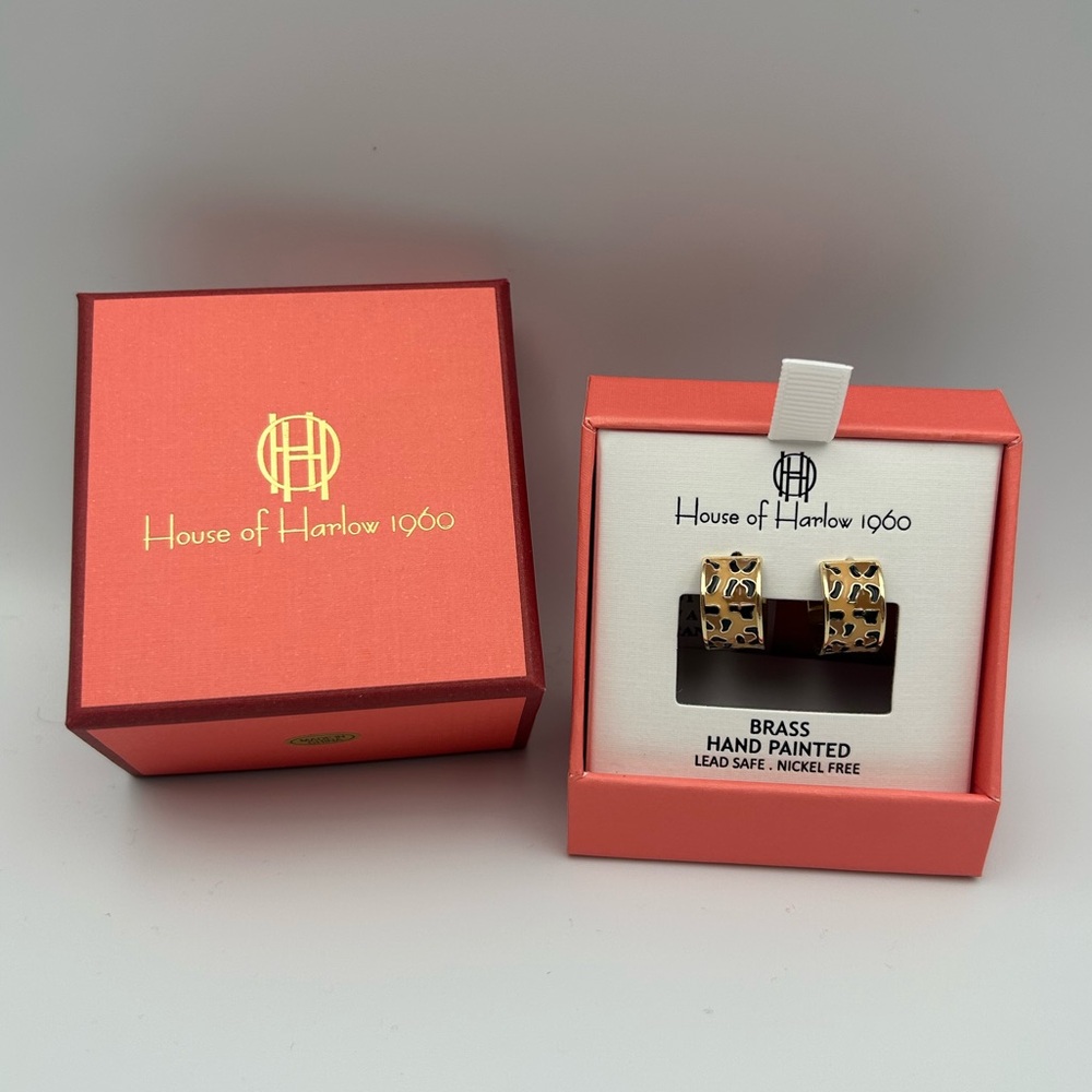 *New* House of Harlow 1960 Brass Hand Painted Light Brown and Leopard Earrings